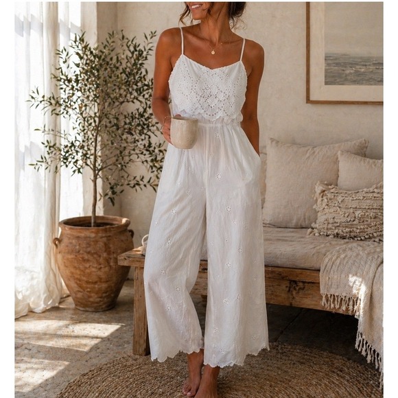Harper Pants - Harper 100% Cotton Strappy Floral Eyelet Design Ruffle Hem Jumpsuit Sz S Relaxed
